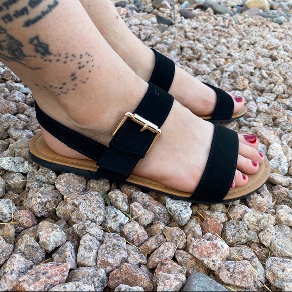 New Black Ankle Strap Vegan Suede Sandals WIDE - Picture 2 of 9